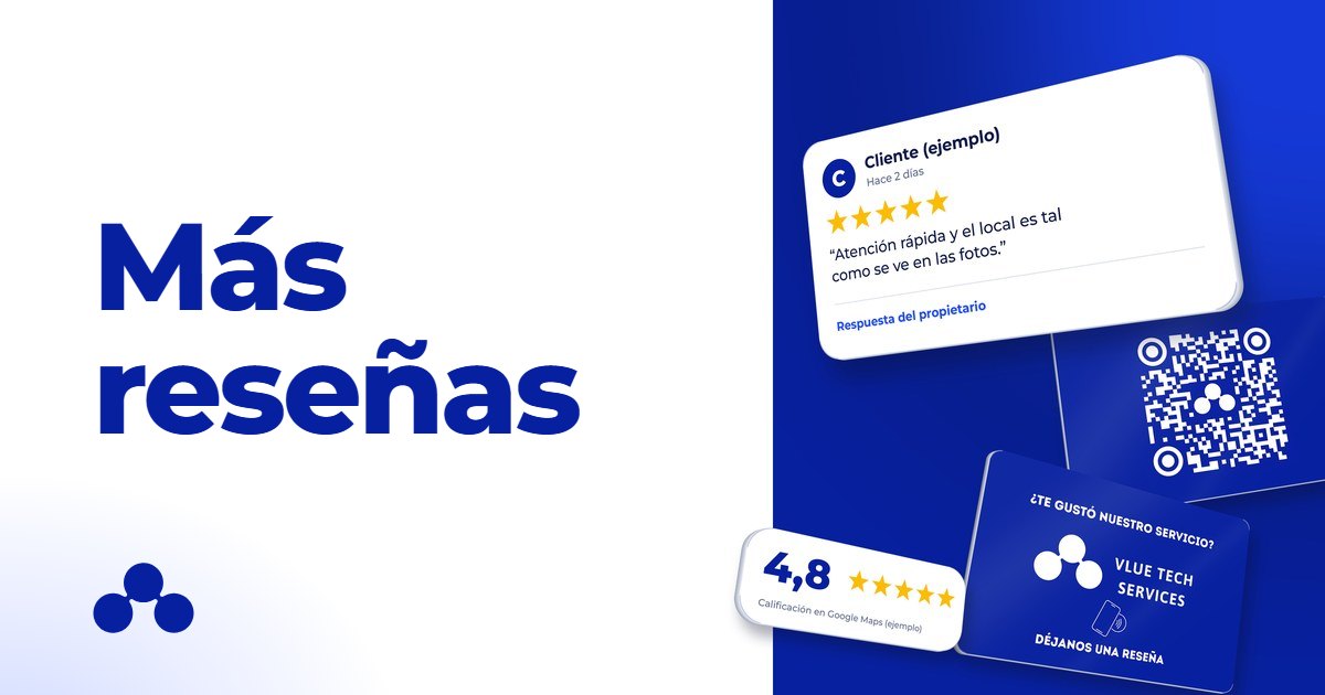 Portada: cómo conseguir más reseñas para tu negocio, con una reseña de cinco estrellas de ejemplo y la Tarjeta Vlue con código QR
