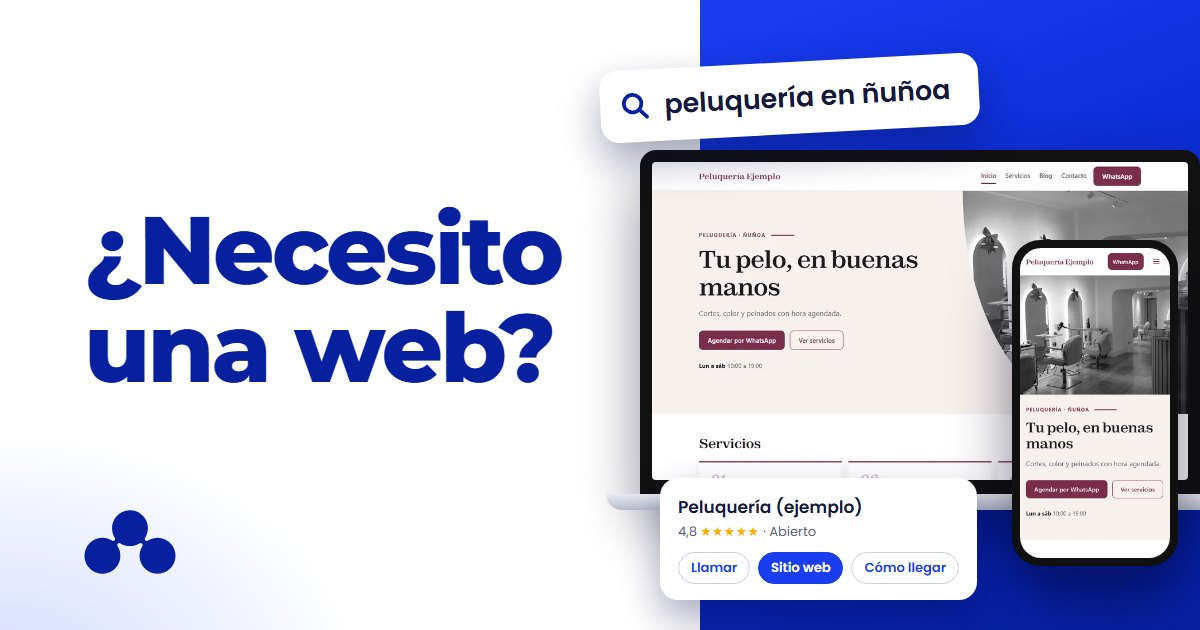 Portada: ¿Necesito una web?, con la página web de una peluquería de ejemplo en un computador y un celular, la búsqueda «peluquería en ñuñoa» y su ficha de Google con el botón Sitio web