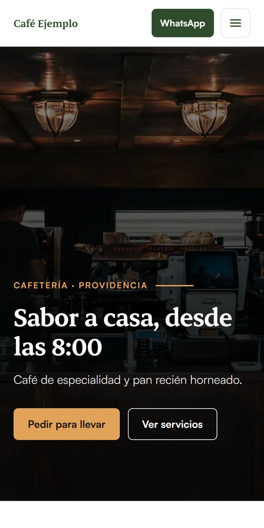 Web de ejemplo de un café de barrio, vista en celular