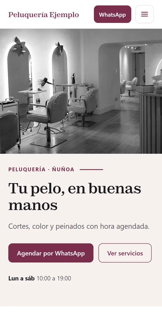 Web de ejemplo de una peluquería en Ñuñoa, vista en celular